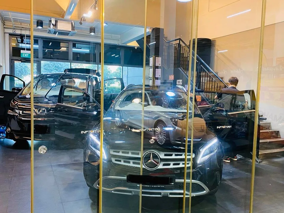 Black Lexus MPV and Mercedes-Benz GLA during window tinting at Infratint Singapore