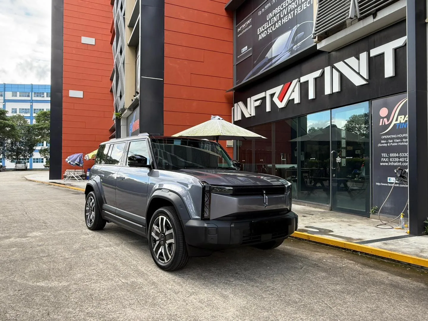 Grey Jaecoo J6 SUV front three-quarter view outside Infratint Singapore