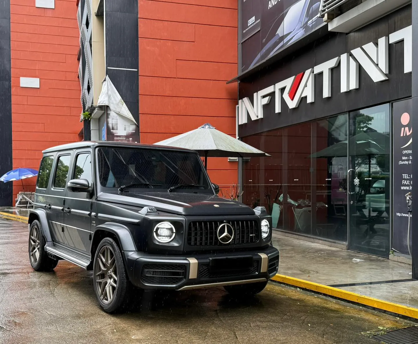 Matte grey Mercedes-Benz G-Wagon front three-quarter view outside Infratint Singapore