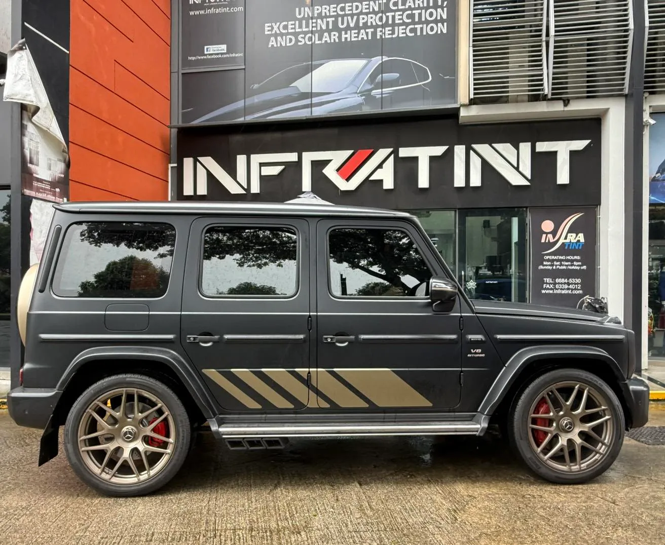 Matte grey Mercedes-Benz G-Wagon side profile with tinted windows at Infratint Singapore