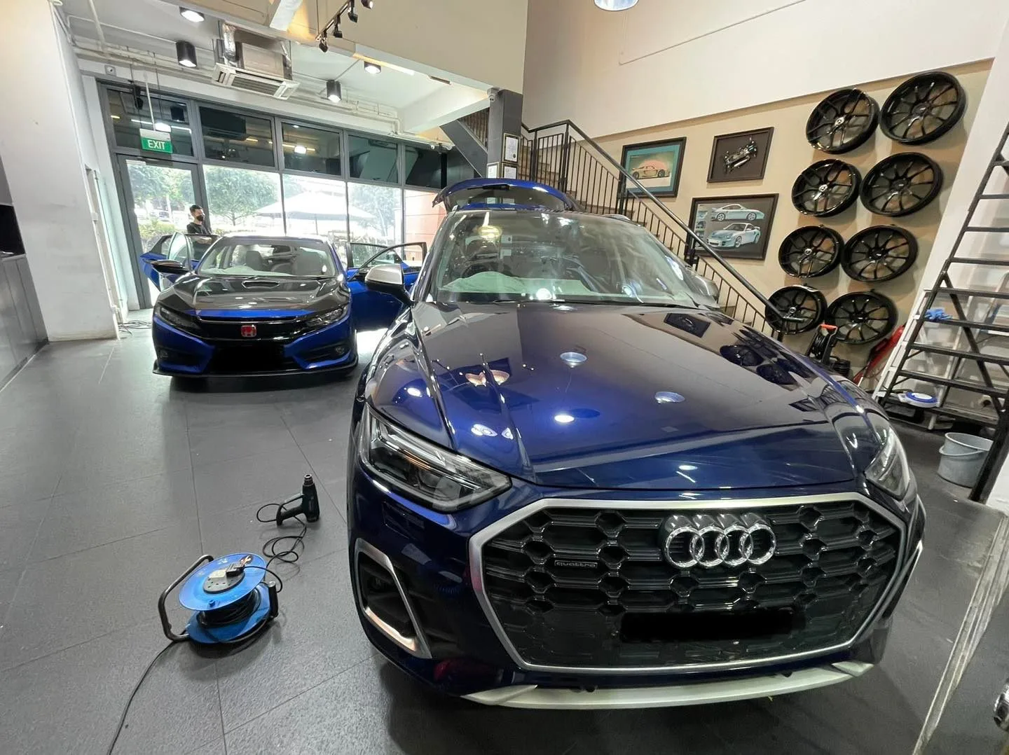 Blue Audi SUV ready for window film at Infratint Singapore