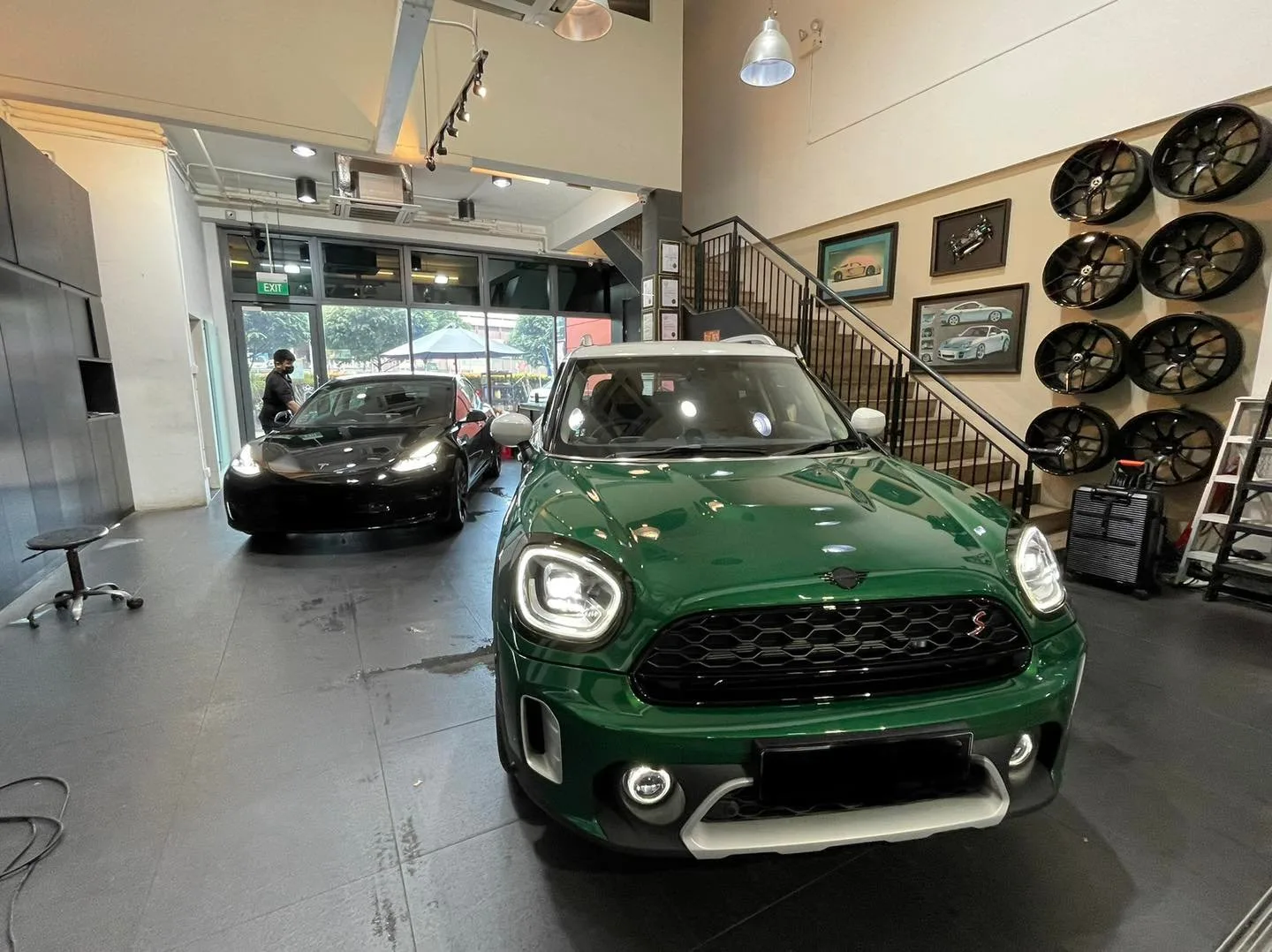 Green Mini Countryman in the showroom at Infratint Singapore for window tinting