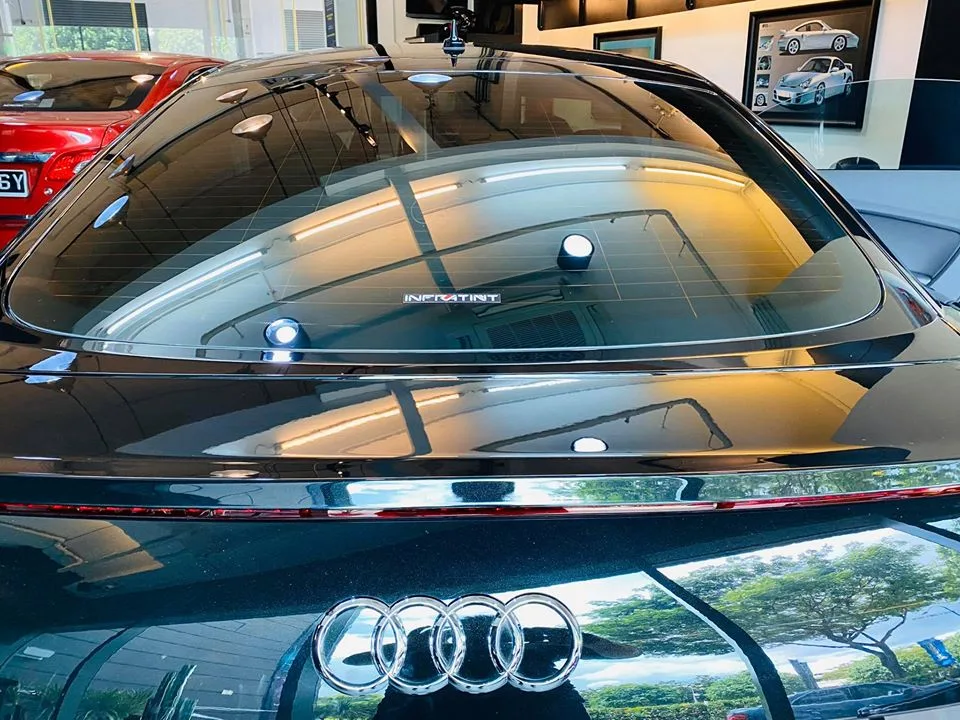 Close-up of the tinted rear windscreen on a black Audi TT at Infratint Singapore