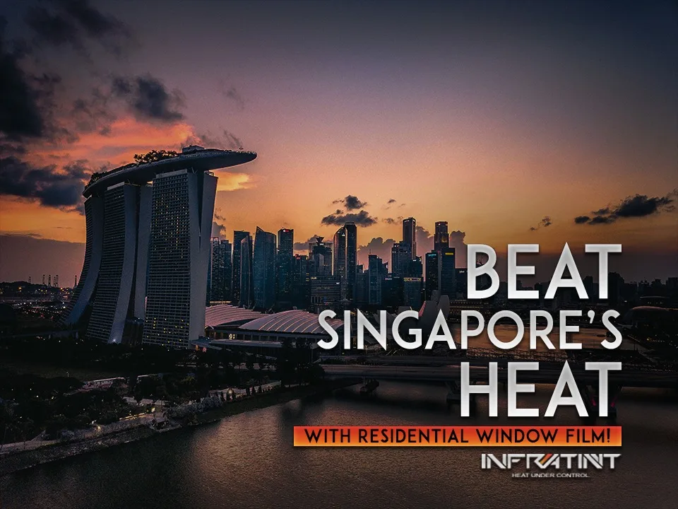 Residential window film guide title card showing the Singapore skyline and Marina Bay Sands at dusk