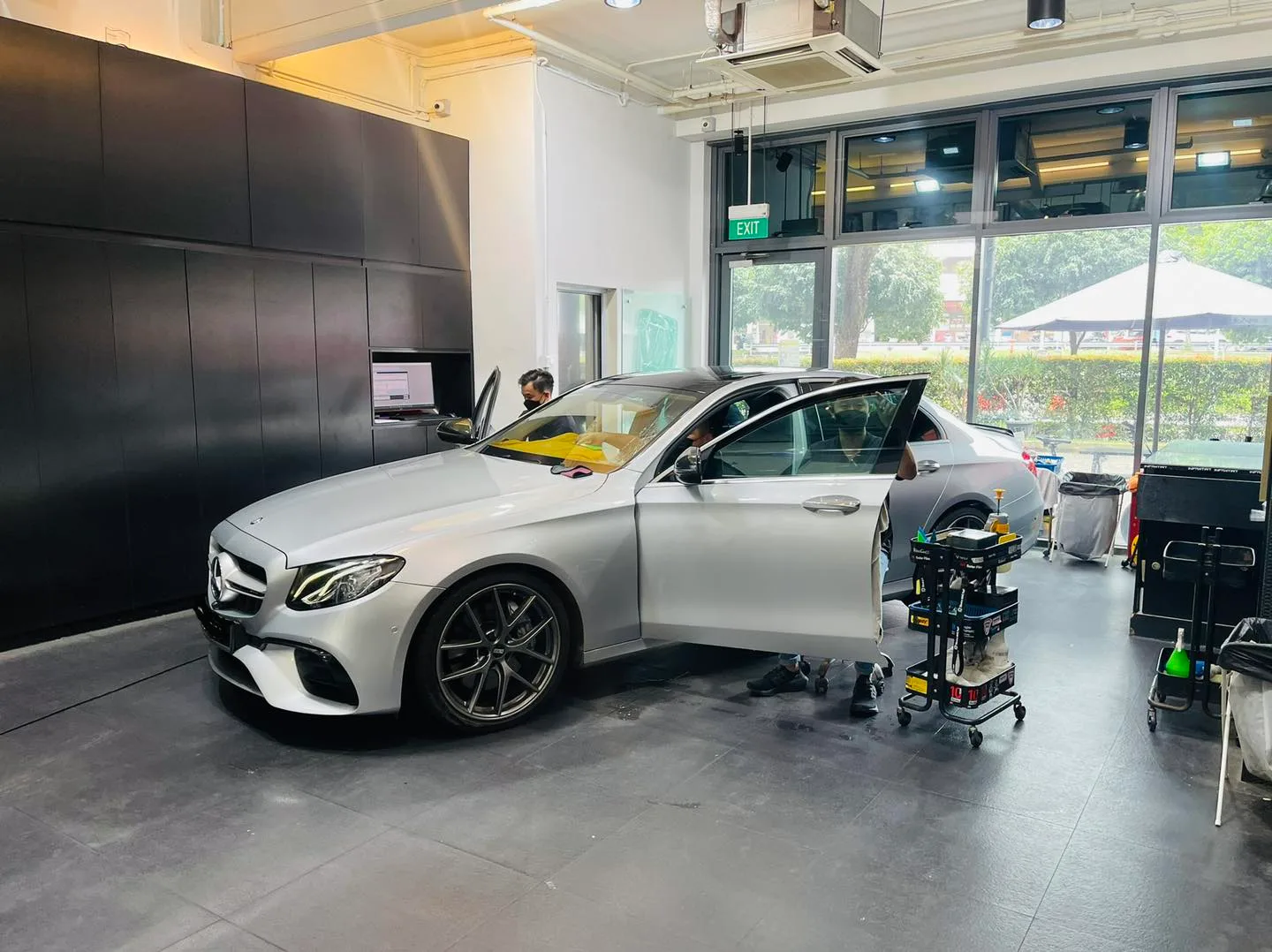 Silver Mercedes-Benz E-Class getting window film at Infratint Singapore