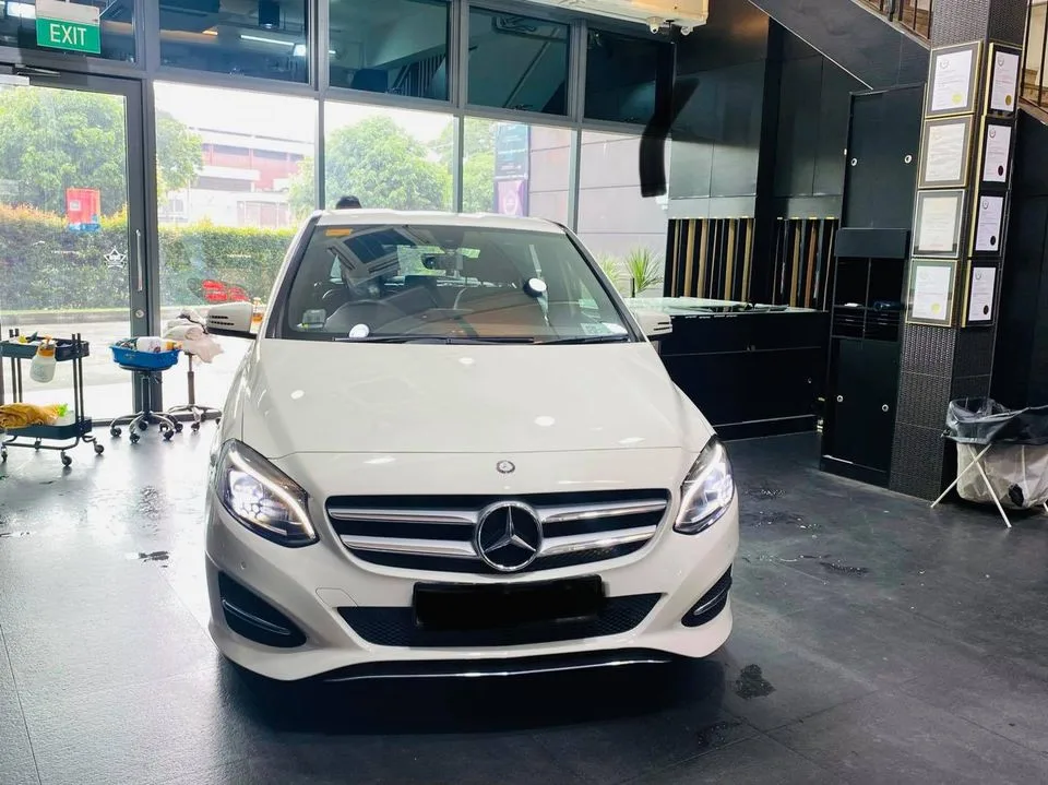 White Mercedes-Benz B-Class front view at Infratint Singapore window tinting