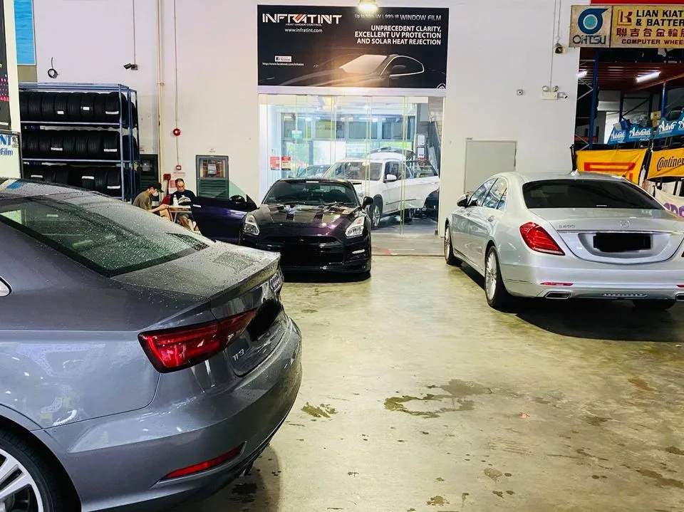 Grey Audi sedan, Nissan GT-R and silver Mercedes-Benz at Infratint Singapore