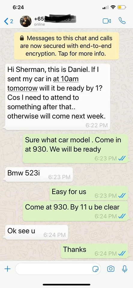 WhatsApp conversation booking a BMW 523i in for window tinting at Infratint Singapore