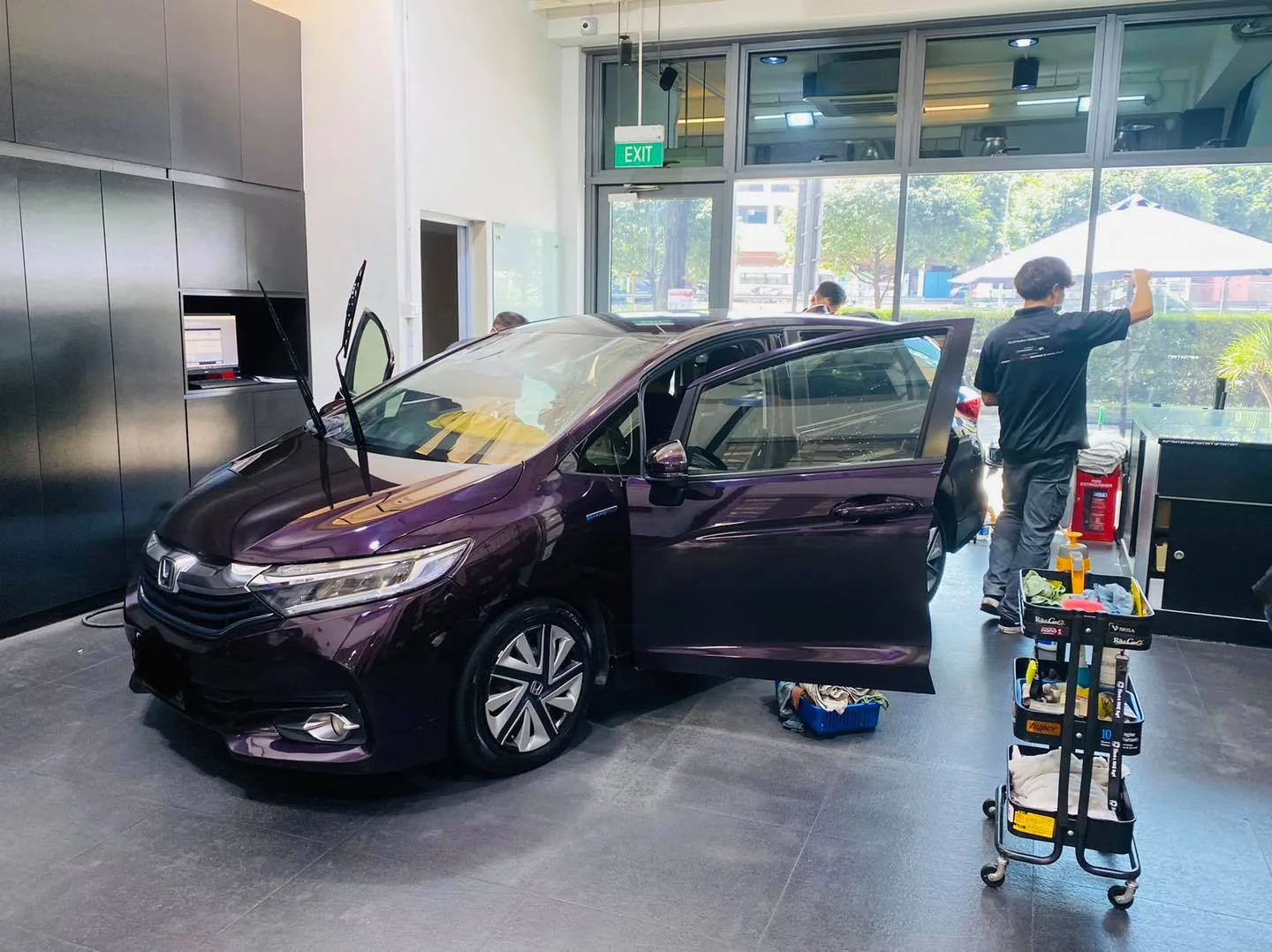 Purple Honda getting window film at Infratint Singapore showroom