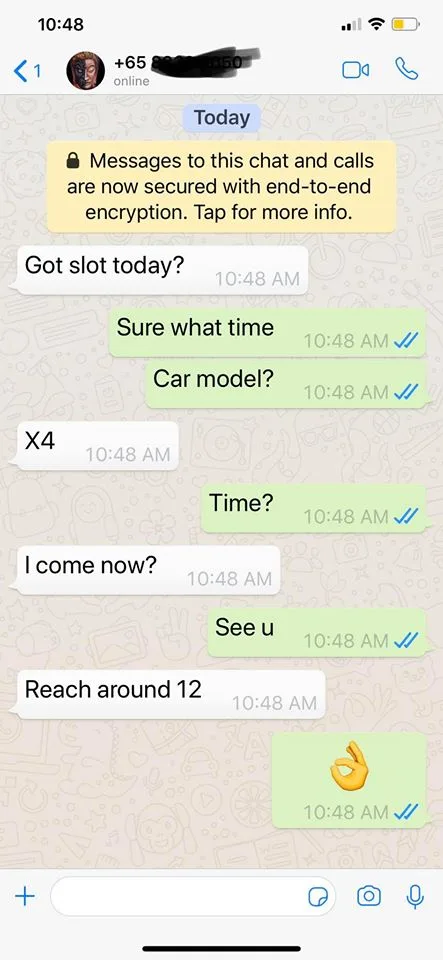 WhatsApp chat booking a same-day window tint slot for a BMW X4 at Infratint Singapore