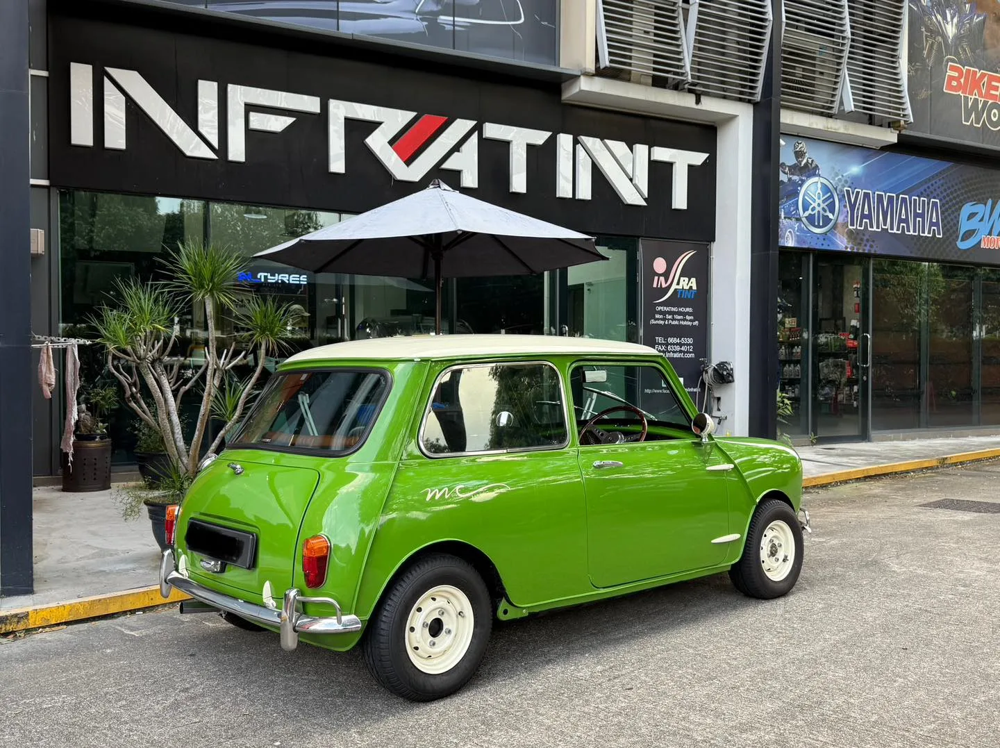 Green classic MINI Cooper rear three-quarter view with tinted glass at Infratint Singapore