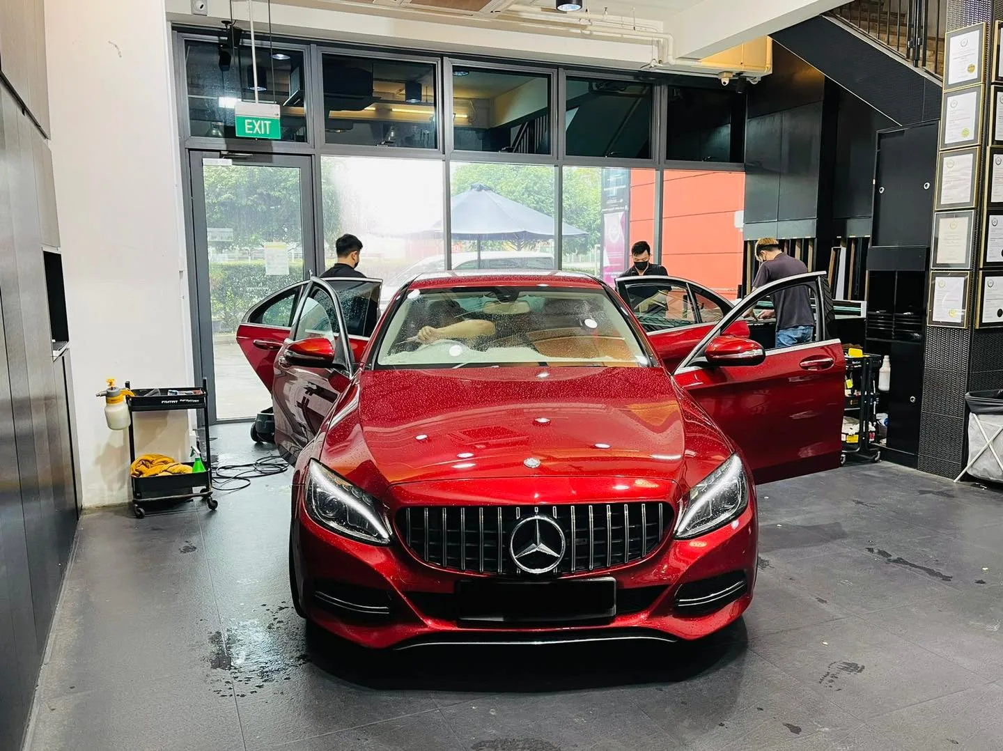 Red Mercedes-Benz C-Class being tinted at Infratint Singapore