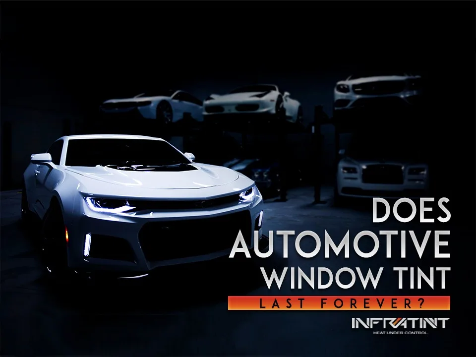 Infratint feature graphic asking whether automotive window tint lasts forever, with a white sports car in a dark studio