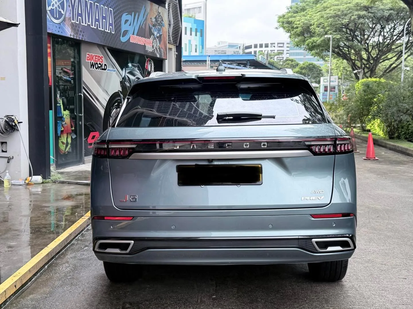 Rear view of a grey SUV with tinted rear windows and a visible model badge.