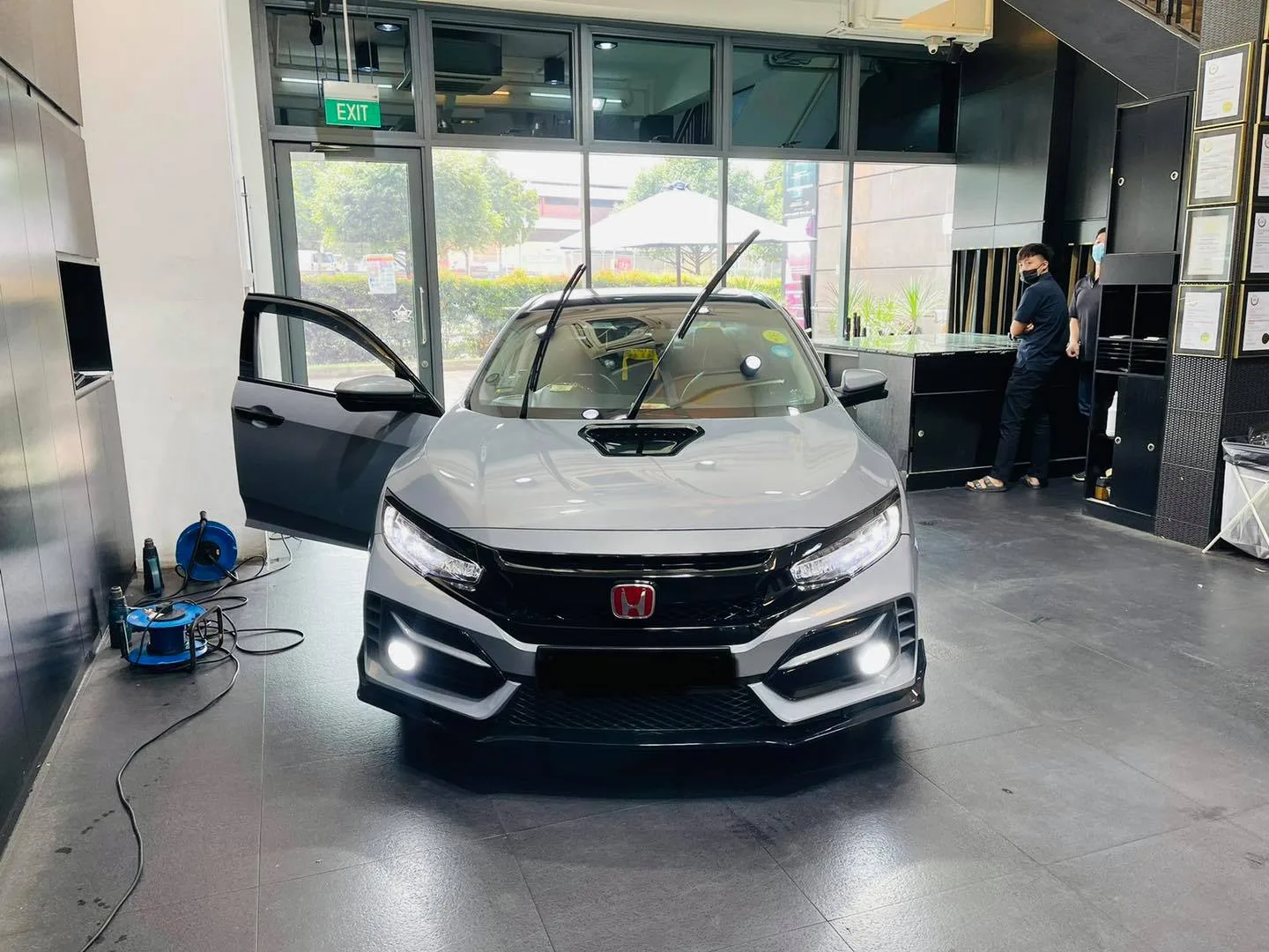 Silver Honda Civic Type R prepared for window film at Infratint Singapore