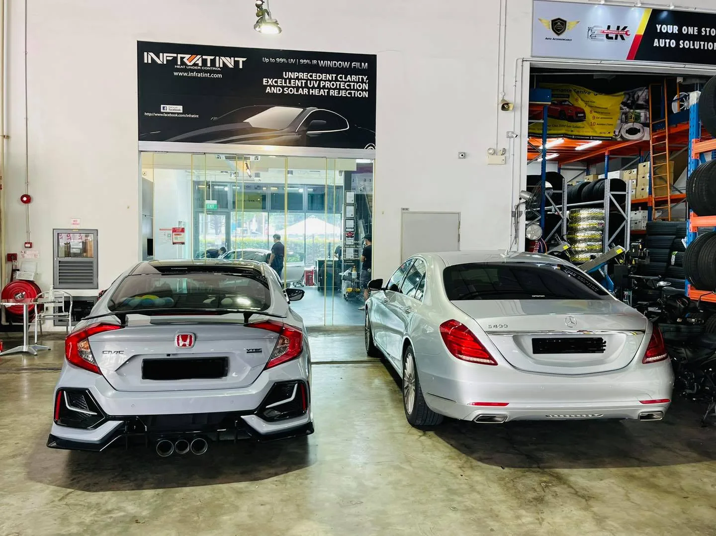 Silver Honda Civic Type R and silver Mercedes-Benz sedan at Infratint Singapore
