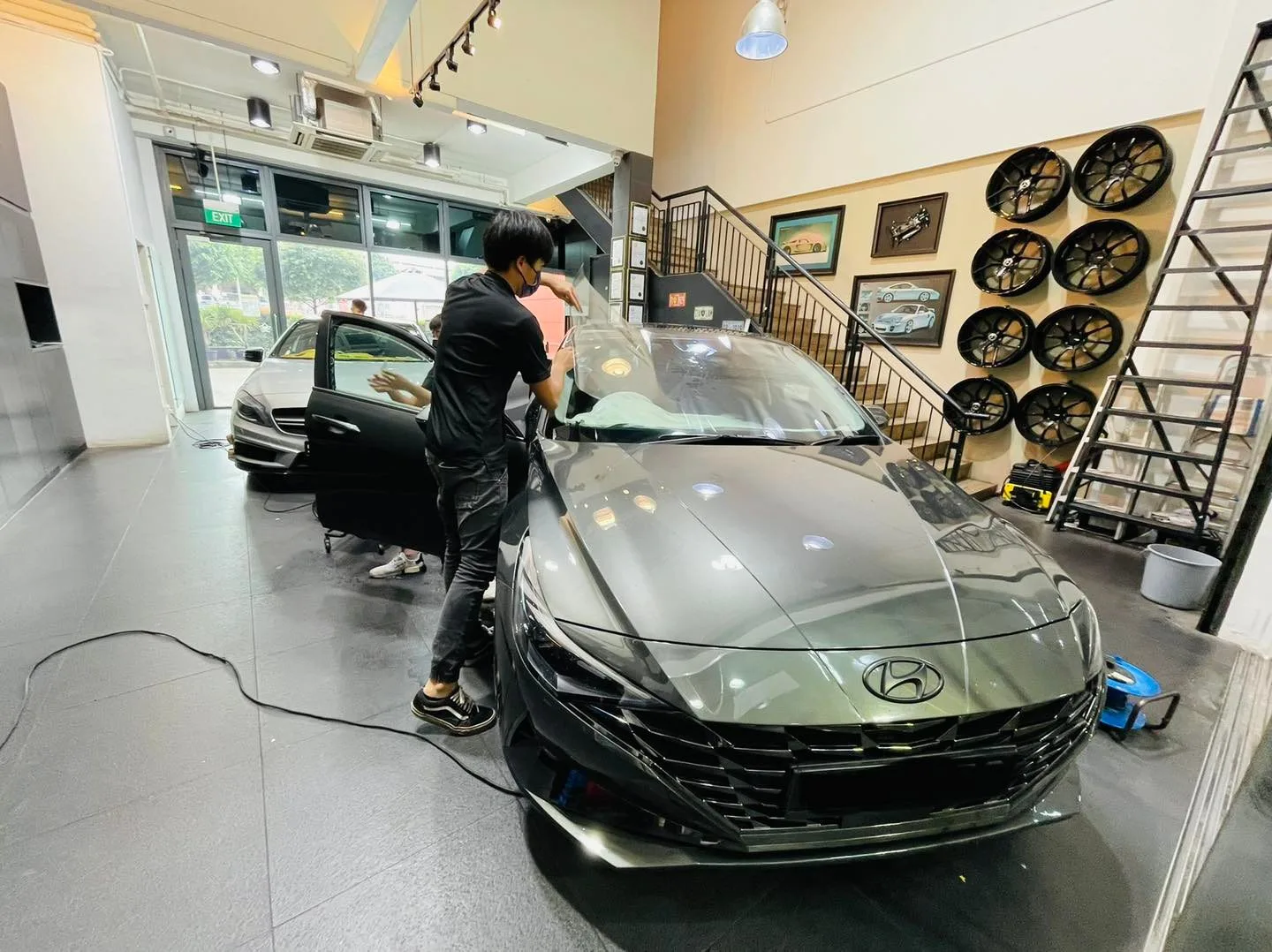 Dark grey Hyundai Avante having windows tinted at Infratint Singapore