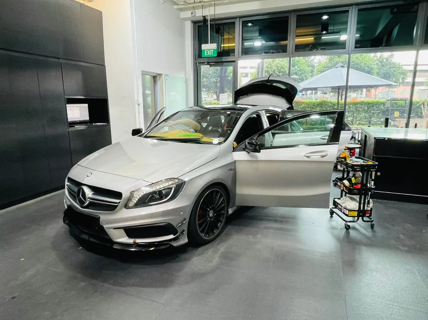 Silver Mercedes-Benz A45 AMG hatch being tinted at Infratint Singapore