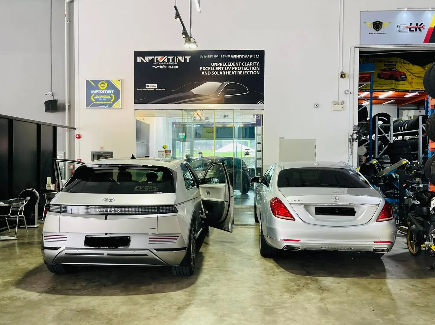 Silver Hyundai Ioniq 5 and Mercedes-Benz S-Class inside Infratint Singapore