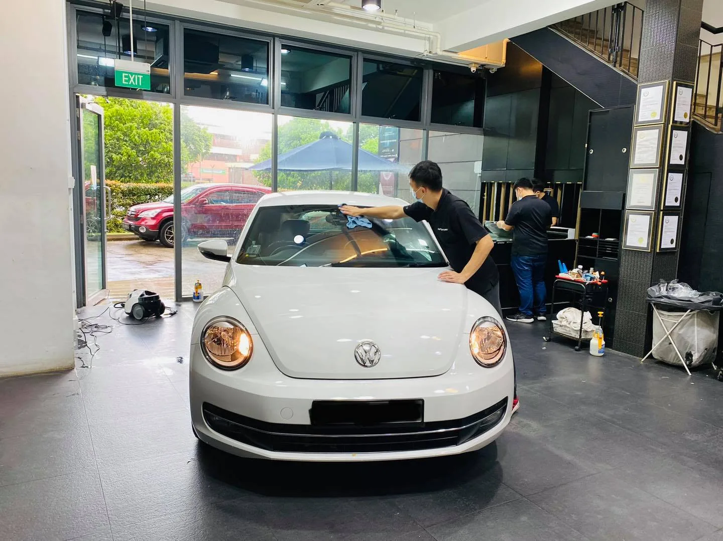 White Volkswagen Beetle having window film fitted at Infratint Singapore