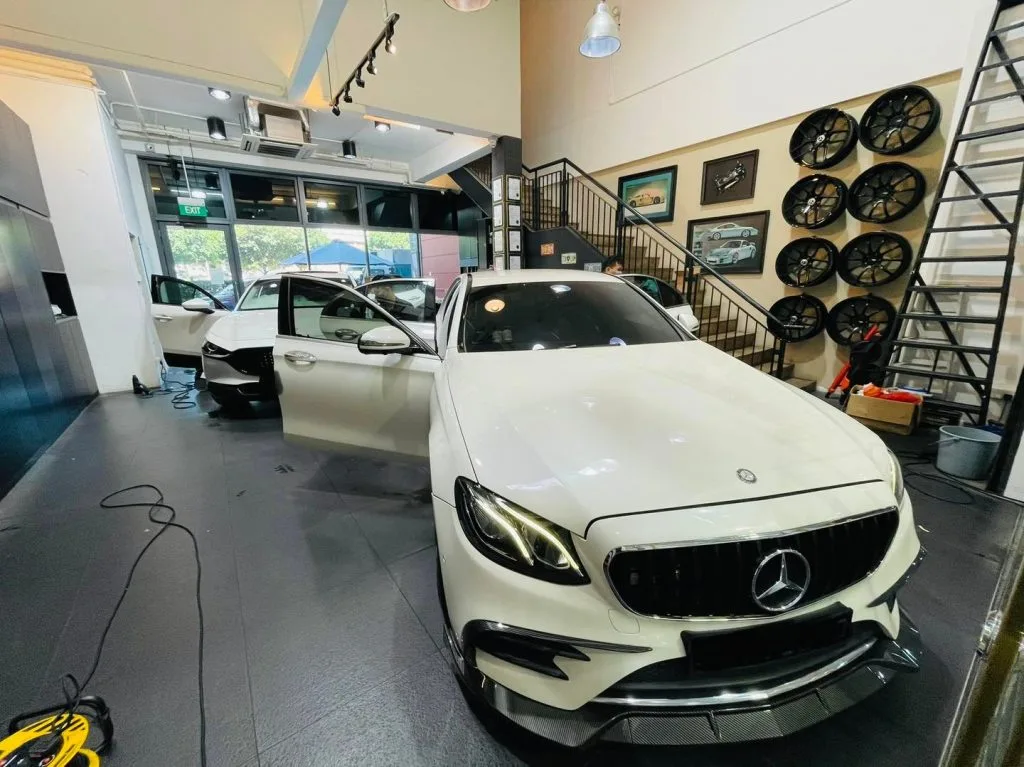 White Mercedes-Benz E-Class in for window tinting at Infratint Singapore