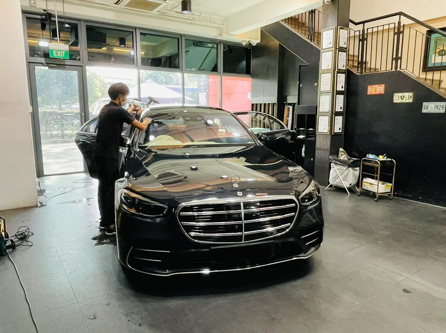 Black Mercedes-Benz S-Class sedan getting window film at Infratint Singapore