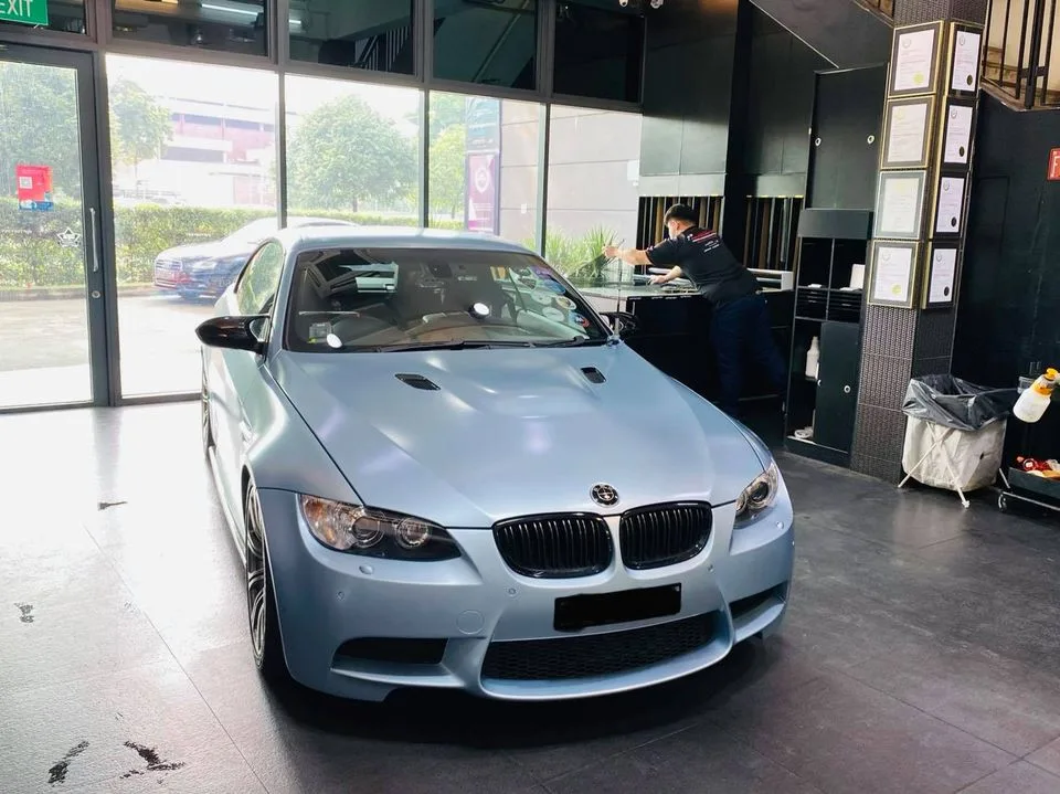 Ice blue BMW M3 coupe at Infratint Singapore for window tinting