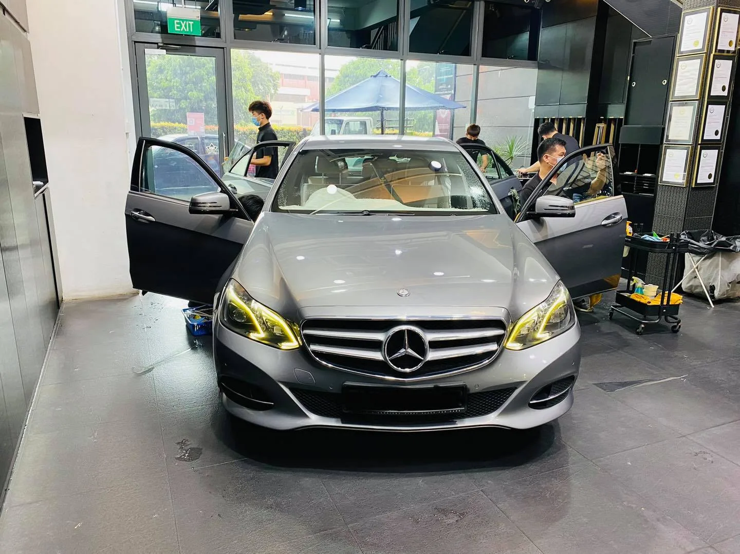Grey Mercedes-Benz E-Class sedan front view at Infratint Singapore