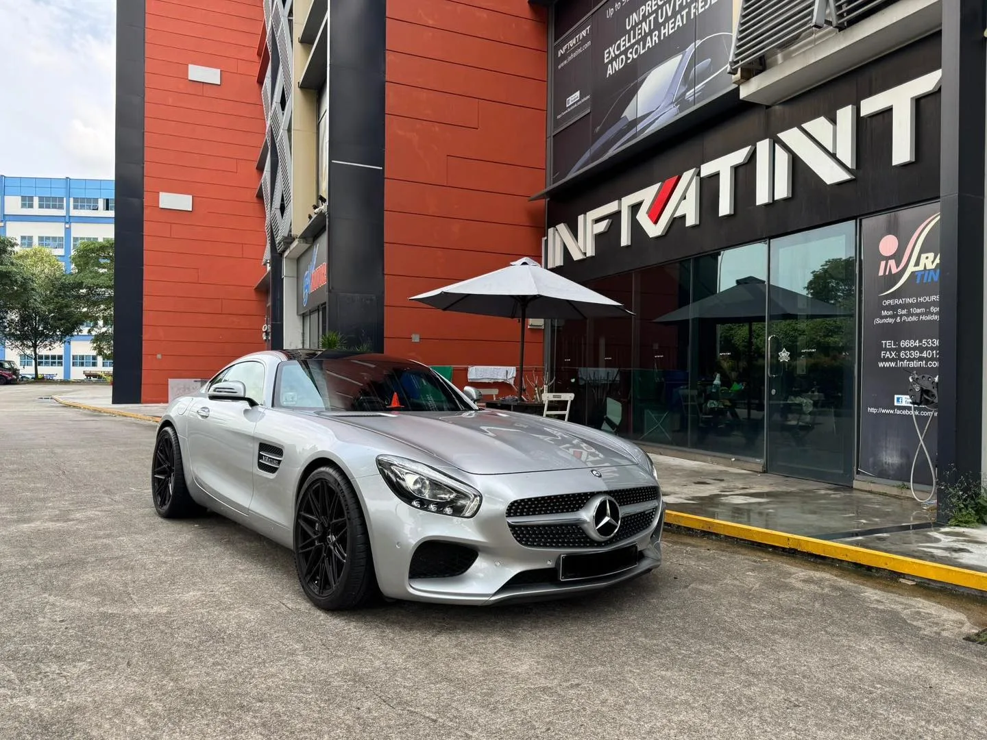 Silver Mercedes-AMG GT front three-quarter view outside Infratint Singapore