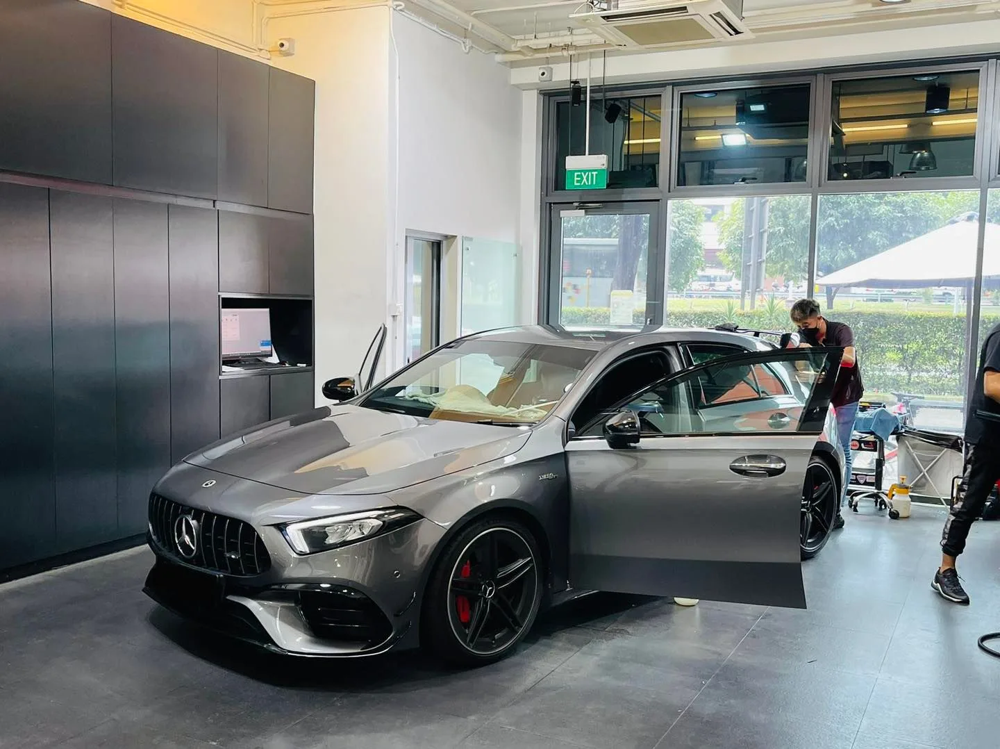 Grey Mercedes-AMG A45 S in the install bay at Infratint Singapore
