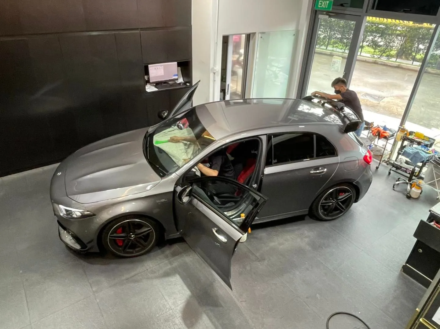 Overhead view of grey Mercedes-AMG A45 S being tinted at Infratint Singapore