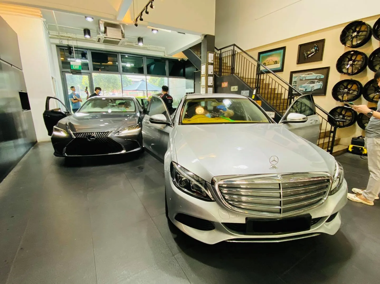 Silver Mercedes-Benz C-Class getting window tinting at the Infratint Singapore showroom