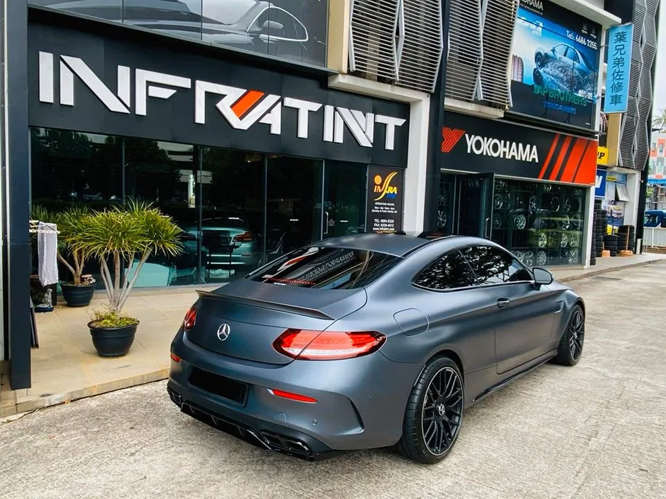 Rear view of a grey Mercedes-Benz C-Class Coupe at Infratint Singapore