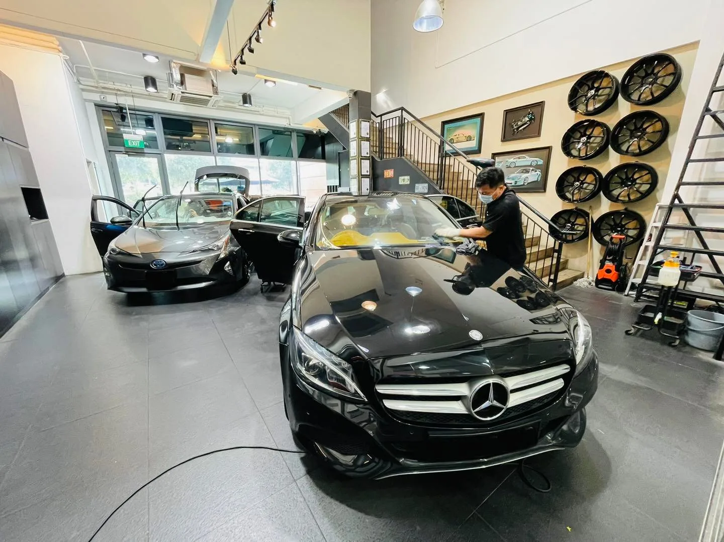 Black Mercedes-Benz C-Class being tinted at Infratint Singapore