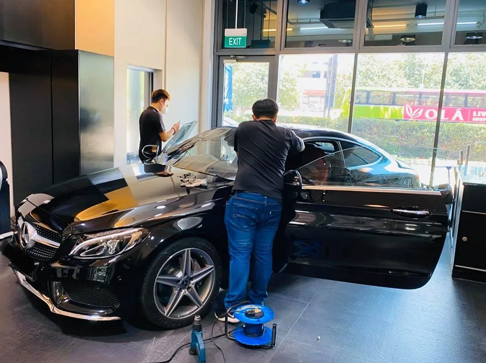 Black Mercedes-Benz coupe having window film installed at Infratint Singapore