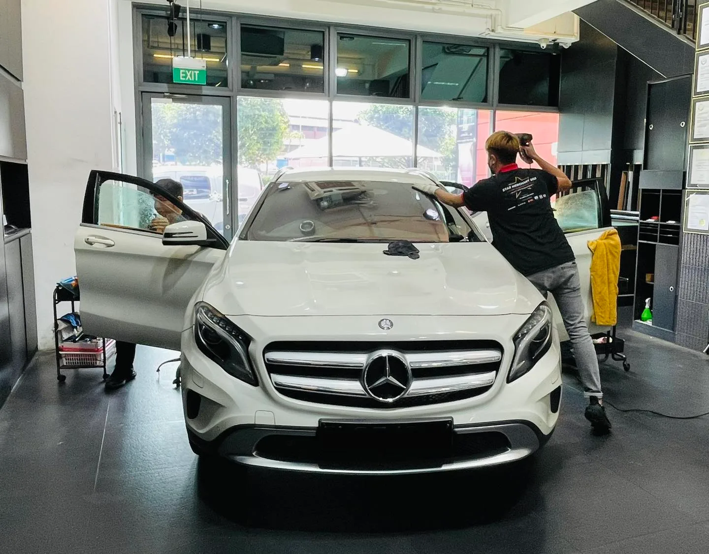 White Mercedes-Benz GLA SUV having its windows tinted at Infratint Singapore