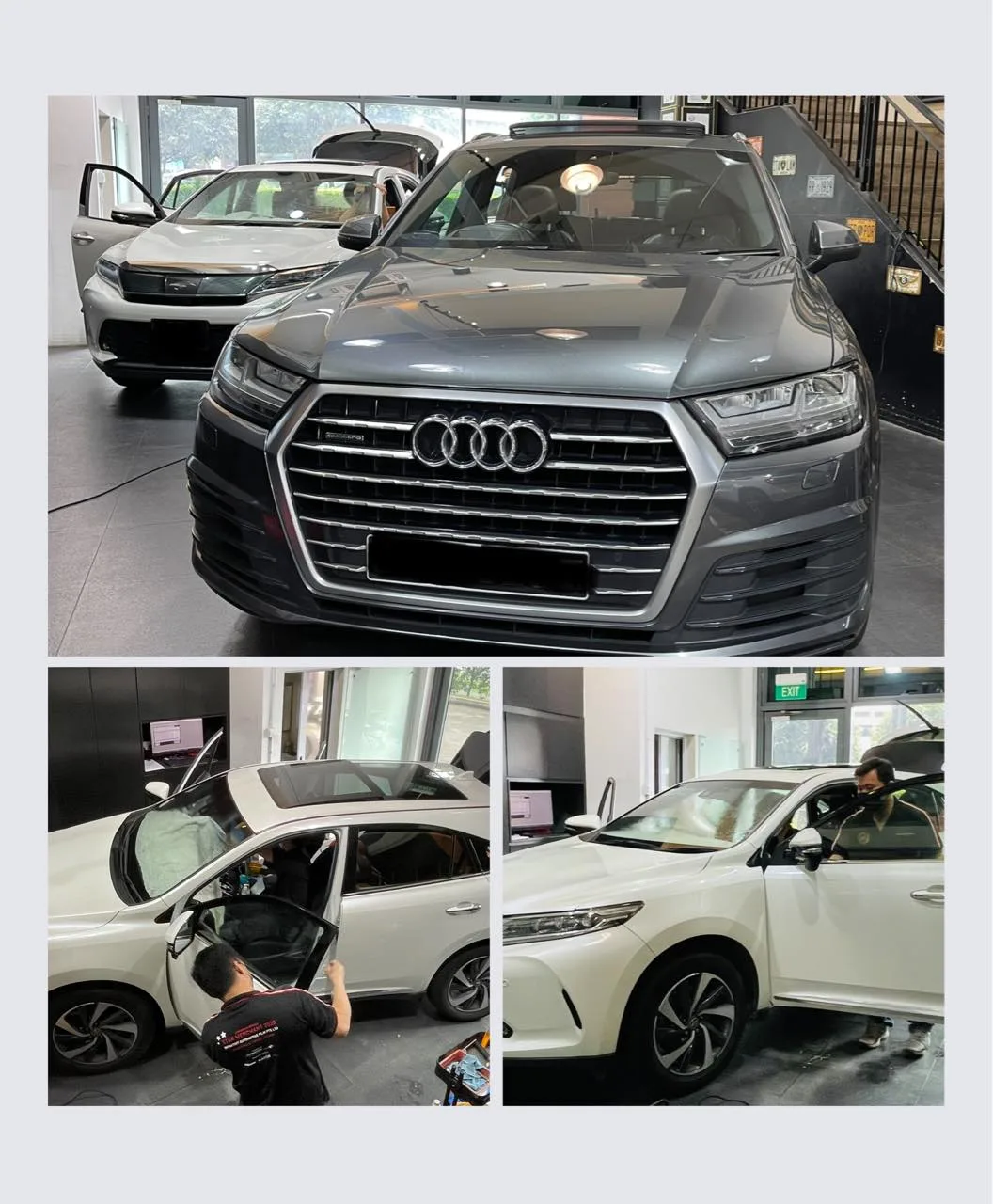 Grey Audi Q7 and white SUV during window tinting at Infratint Singapore