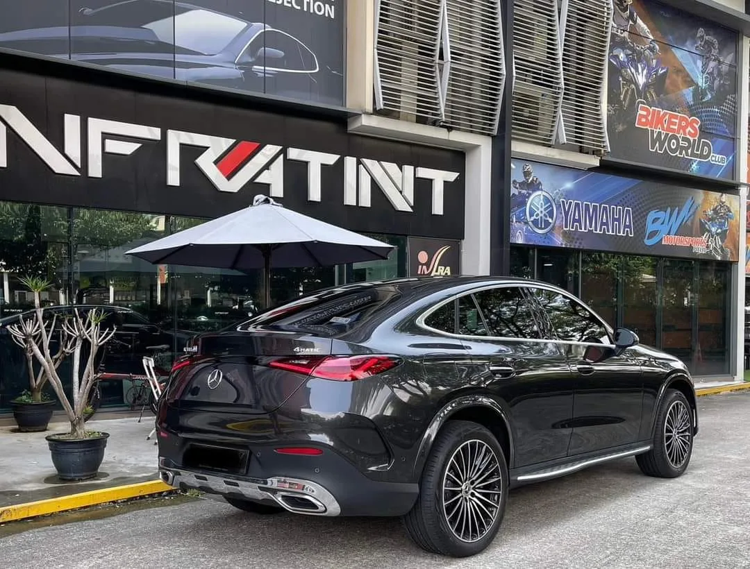 Tinted dark grey Mercedes-Benz GLC300e rear three-quarter view at Infratint Singapore