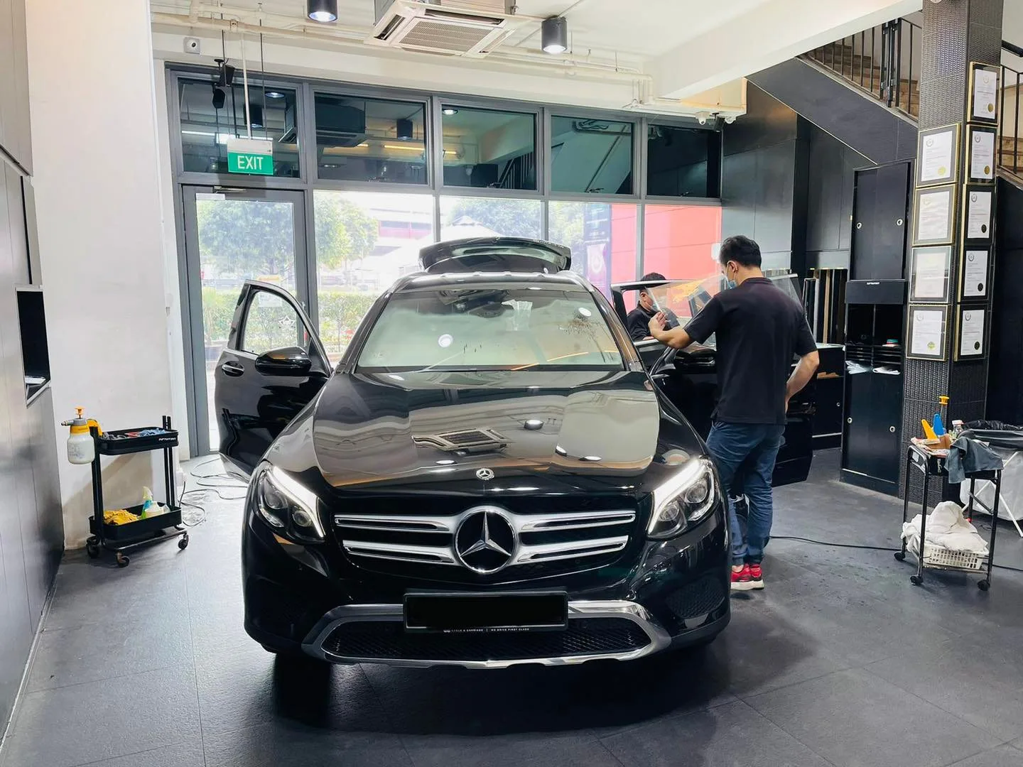 Black Mercedes-Benz GLC SUV being tinted at Infratint Singapore