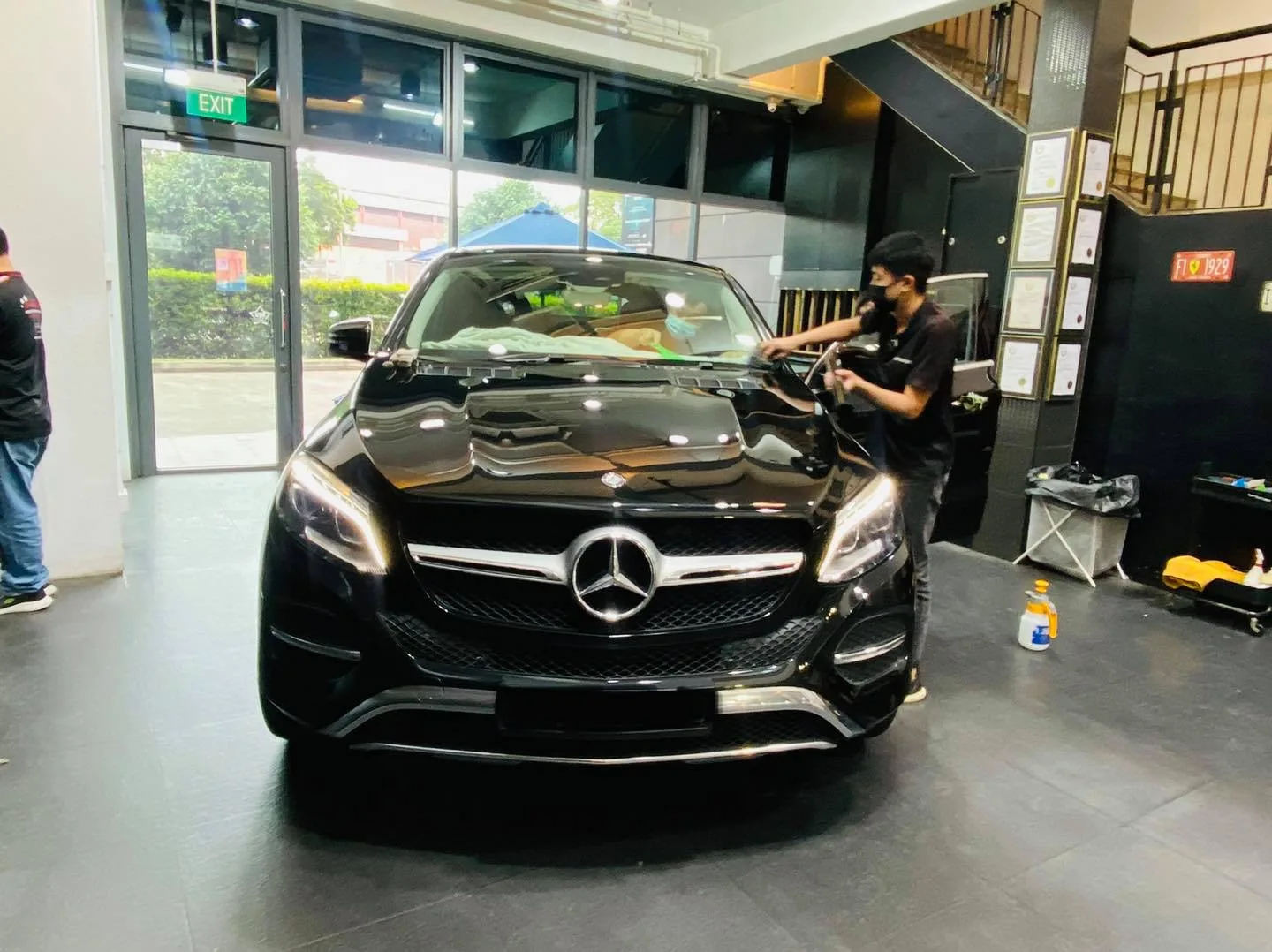 Black Mercedes-Benz GLE Coupe having its windscreen tinted at Infratint Singapore