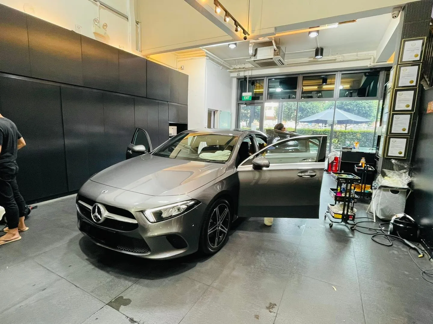 Grey Mercedes-Benz A-Class hatchback at Infratint Singapore ready for window film