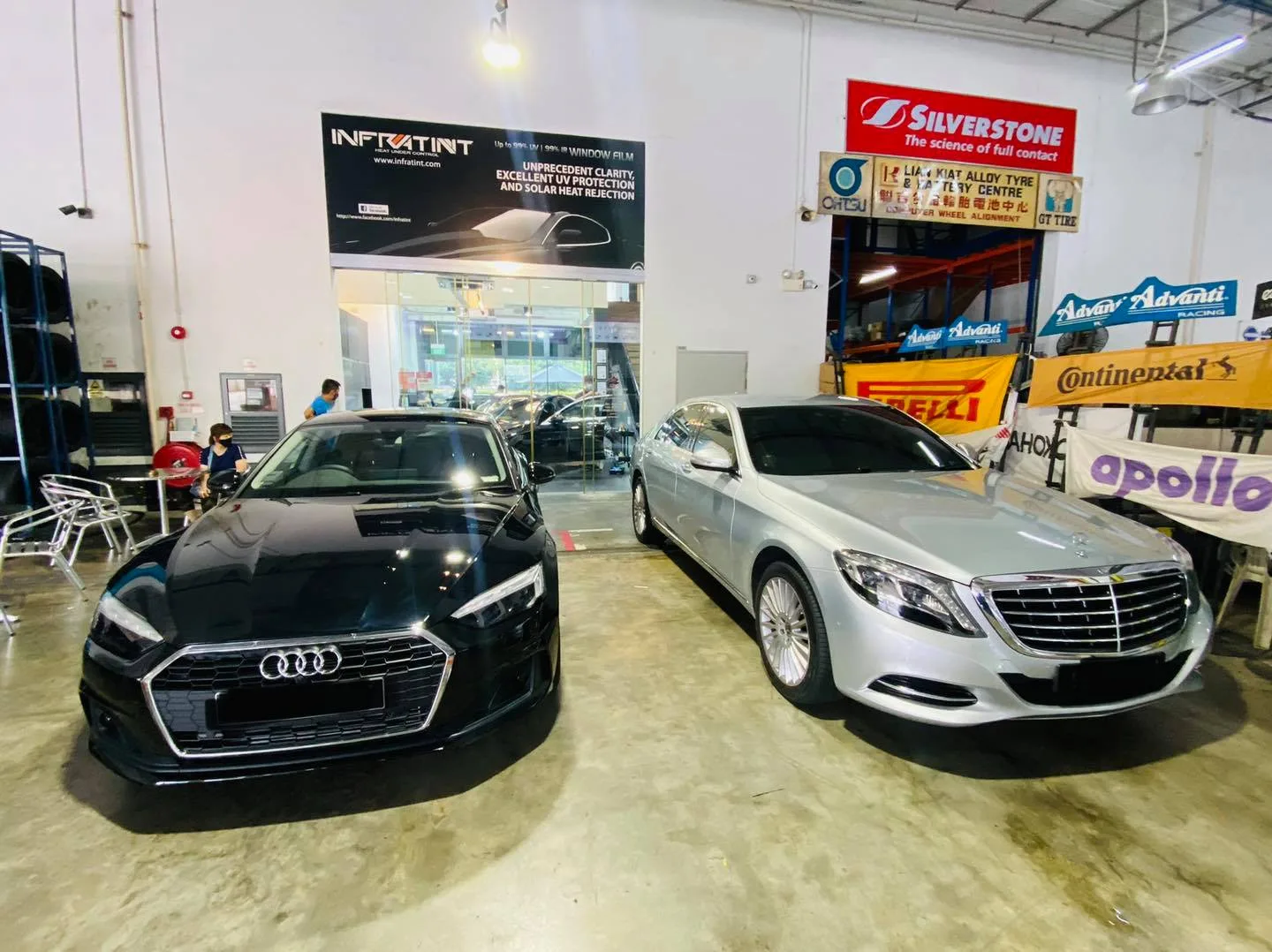 Black Audi A5 and silver Mercedes-Benz S-Class at Infratint Singapore for window tinting