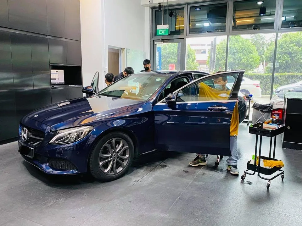 Dark blue Mercedes-Benz C-Class having its windows tinted at Infratint Singapore