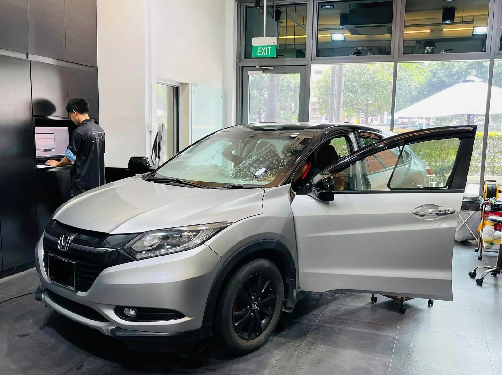 Silver Honda HR-V getting ready for window film at Infratint Singapore