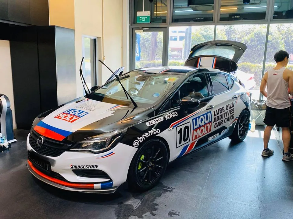 Liqui Moly racing Opel Astra hatchback front three-quarter view at Infratint Singapore