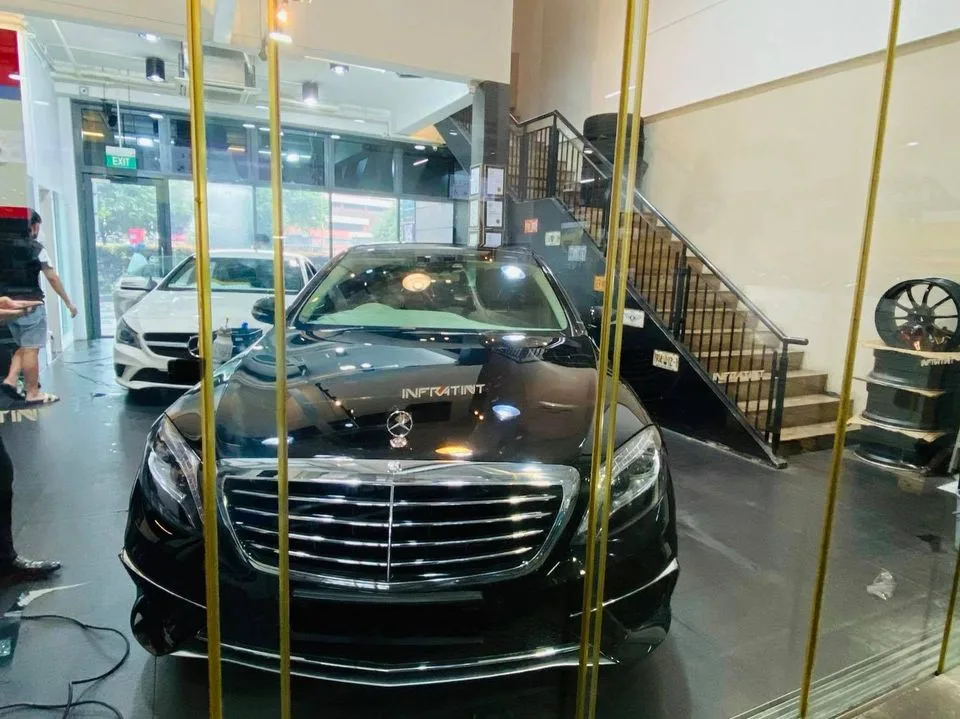 Black Mercedes-Benz S-Class sedan at Infratint Singapore window tinting workshop