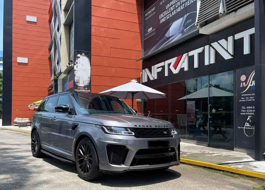 Grey Range Rover SVR front three-quarter view outside Infratint Singapore