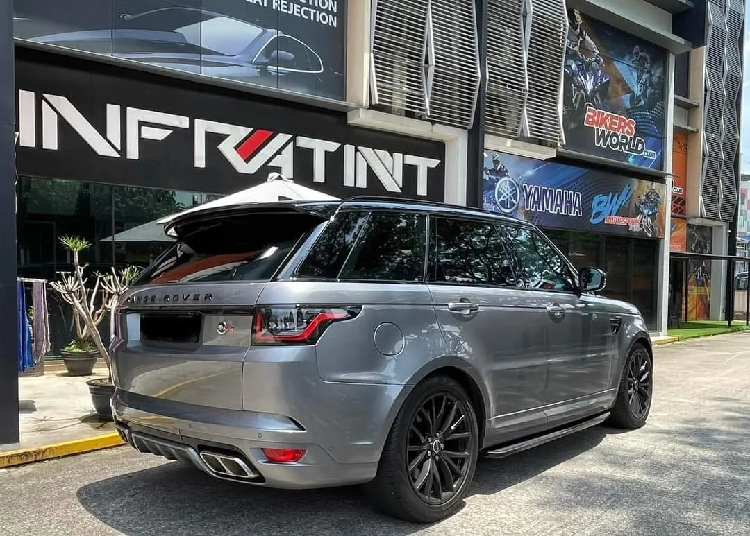 Grey Range Rover SVR rear three-quarter view with tinted windows at Infratint Singapore