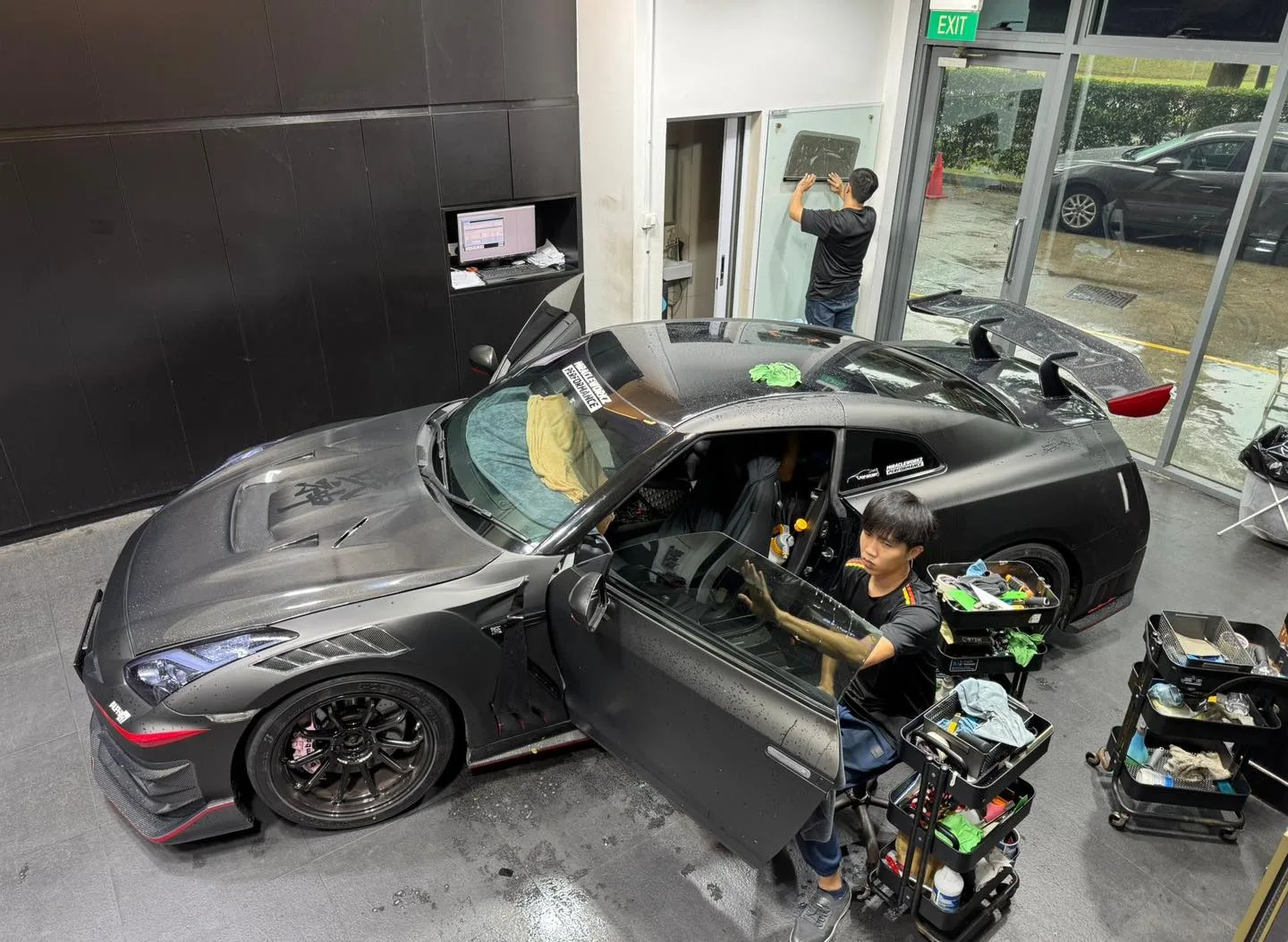 Overhead view of a Nissan GT-R having window film installed at Infratint Singapore