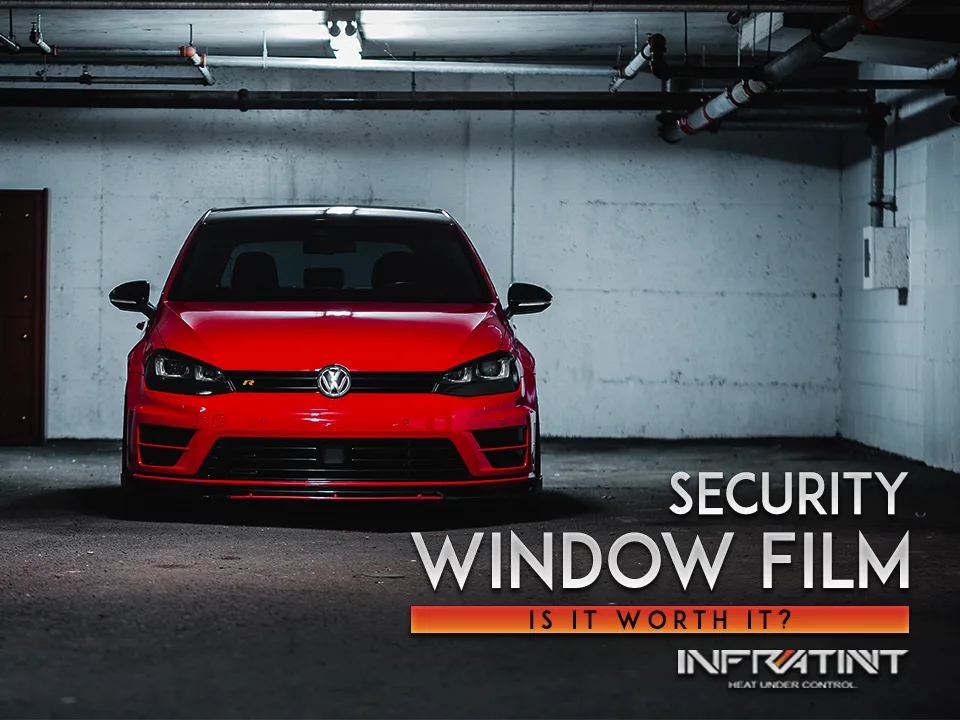 Security window film guide title card showing a red Volkswagen Golf R in a parking garage